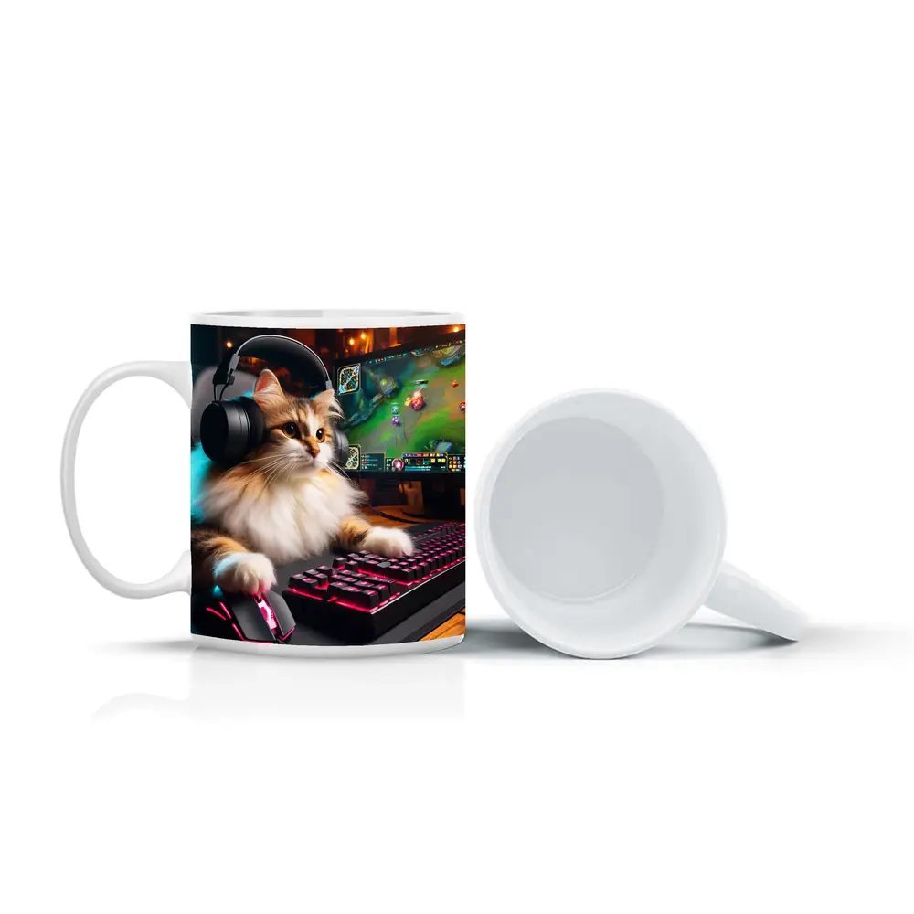 Fluffy Cat Gamer Playing at Gaming Setup – Mugs