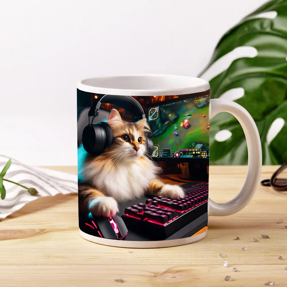 Fluffy Cat Gamer Playing at Gaming Setup – Mugs