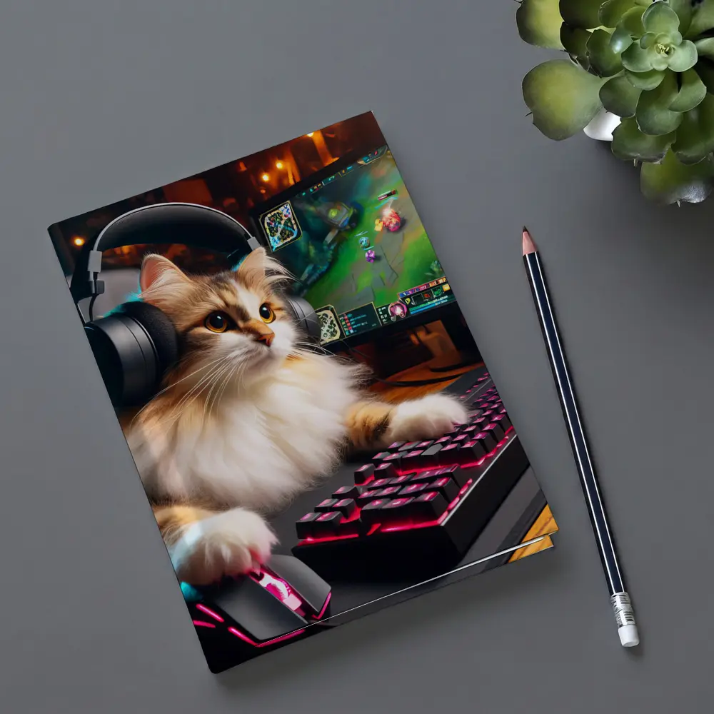 Fluffy Cat Gamer Playing at Gaming Setup – Notebooks
