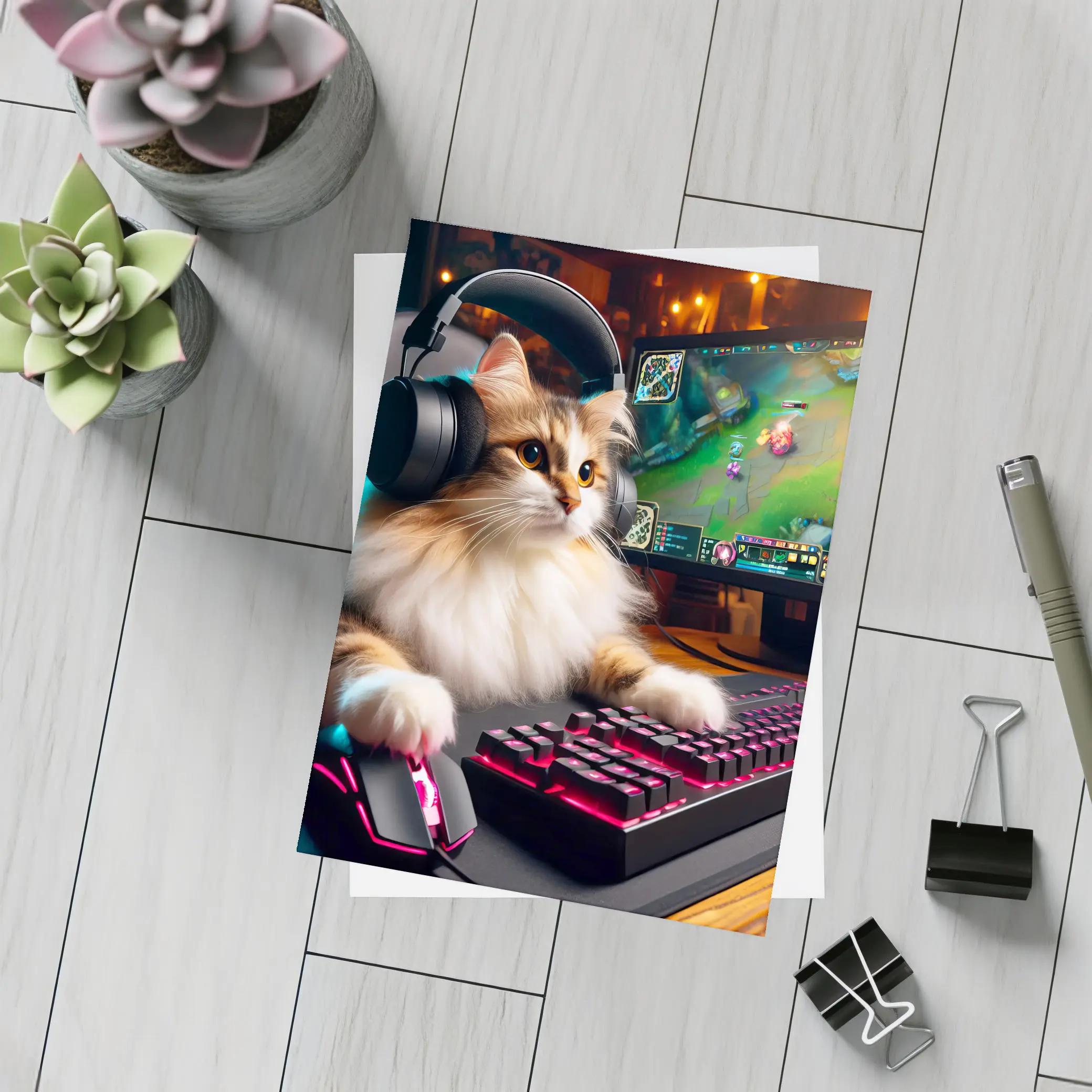 Fluffy Cat Gamer Playing at Gaming Setup – Postcards
