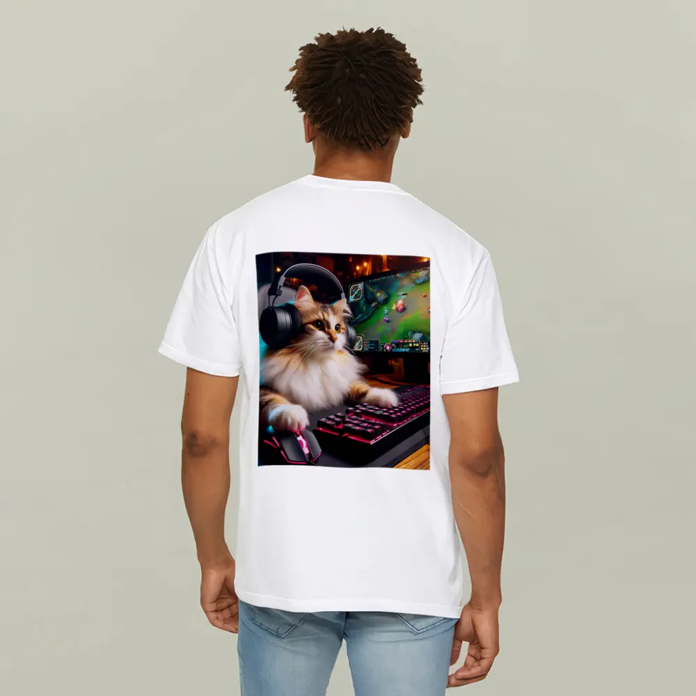 Fluffy Cat Gamer Playing at Gaming Setup – T-Shirts