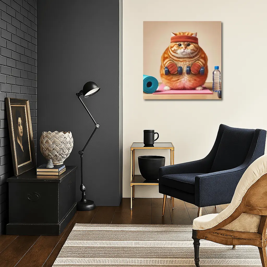 Chubby Orange Cat Lifting Dumbbells Gym – Wall Art