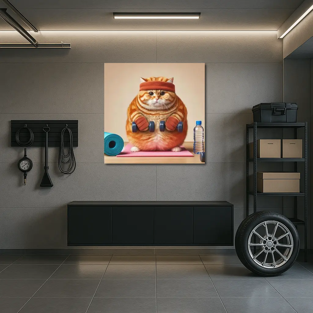 Chubby Orange Cat Lifting Dumbbells Gym – Wall Art