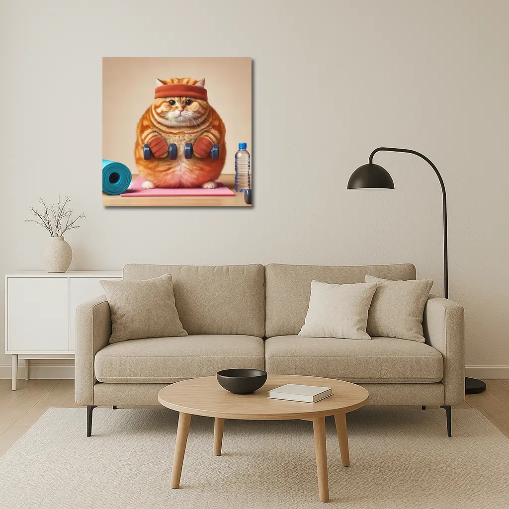 Chubby Orange Cat Lifting Dumbbells Gym – Wall Art