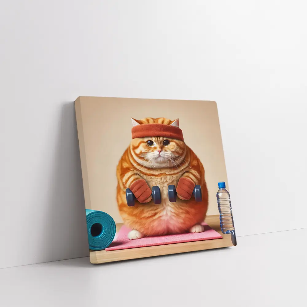 Chubby Orange Cat Lifting Dumbbells Gym – Wall Art