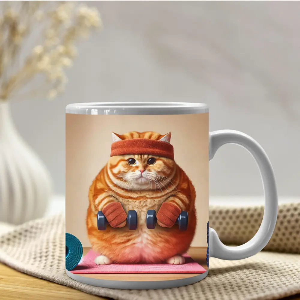 Chubby Orange Cat Lifting Dumbbells Gym – Mugs