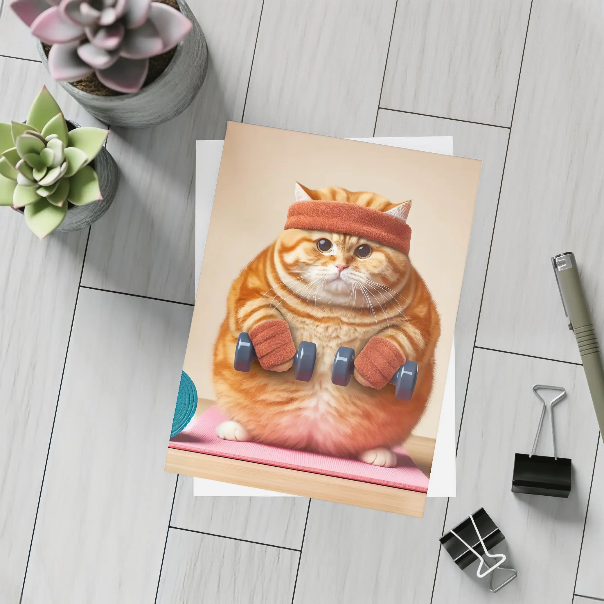Chubby Orange Cat Lifting Dumbbells Gym – Postcards