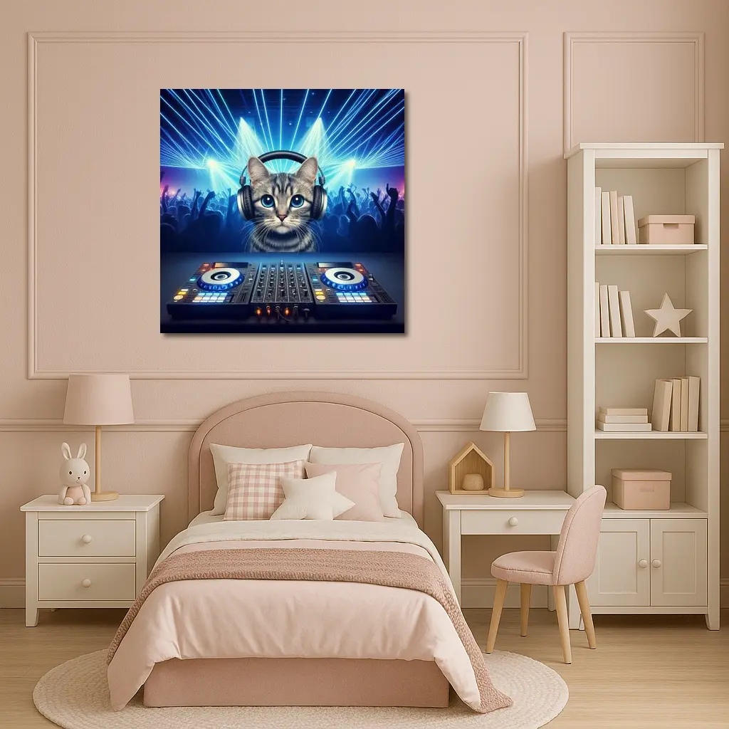 Tabby Cat DJ Neon Club Party – Wall Art