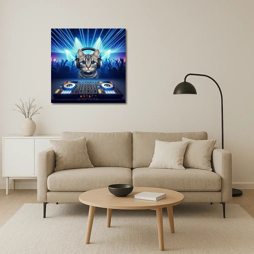 Tabby Cat DJ Neon Club Party – Wall Art