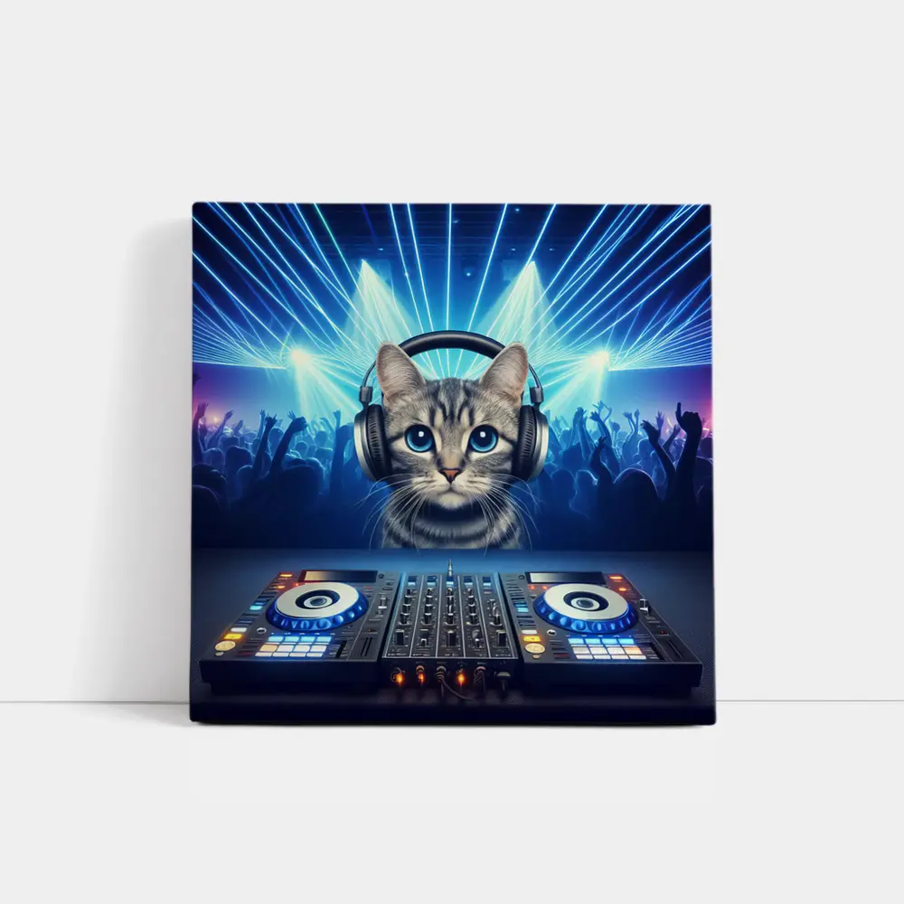 Tabby Cat DJ Neon Club Party – Wall Art