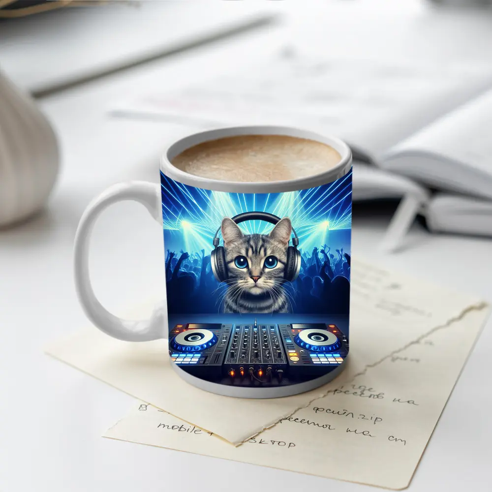 Tabby Cat DJ Neon Club Party – Mugs