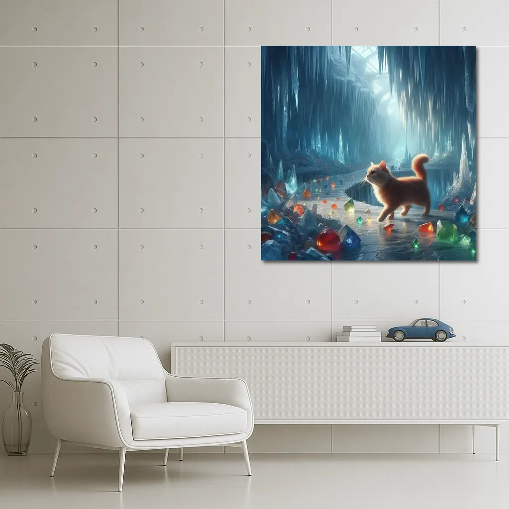 Orange Cat Exploring Magical Crystal Ice Cave – Wall Art