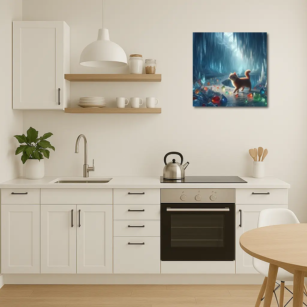 Orange Cat Exploring Magical Crystal Ice Cave – Wall Art
