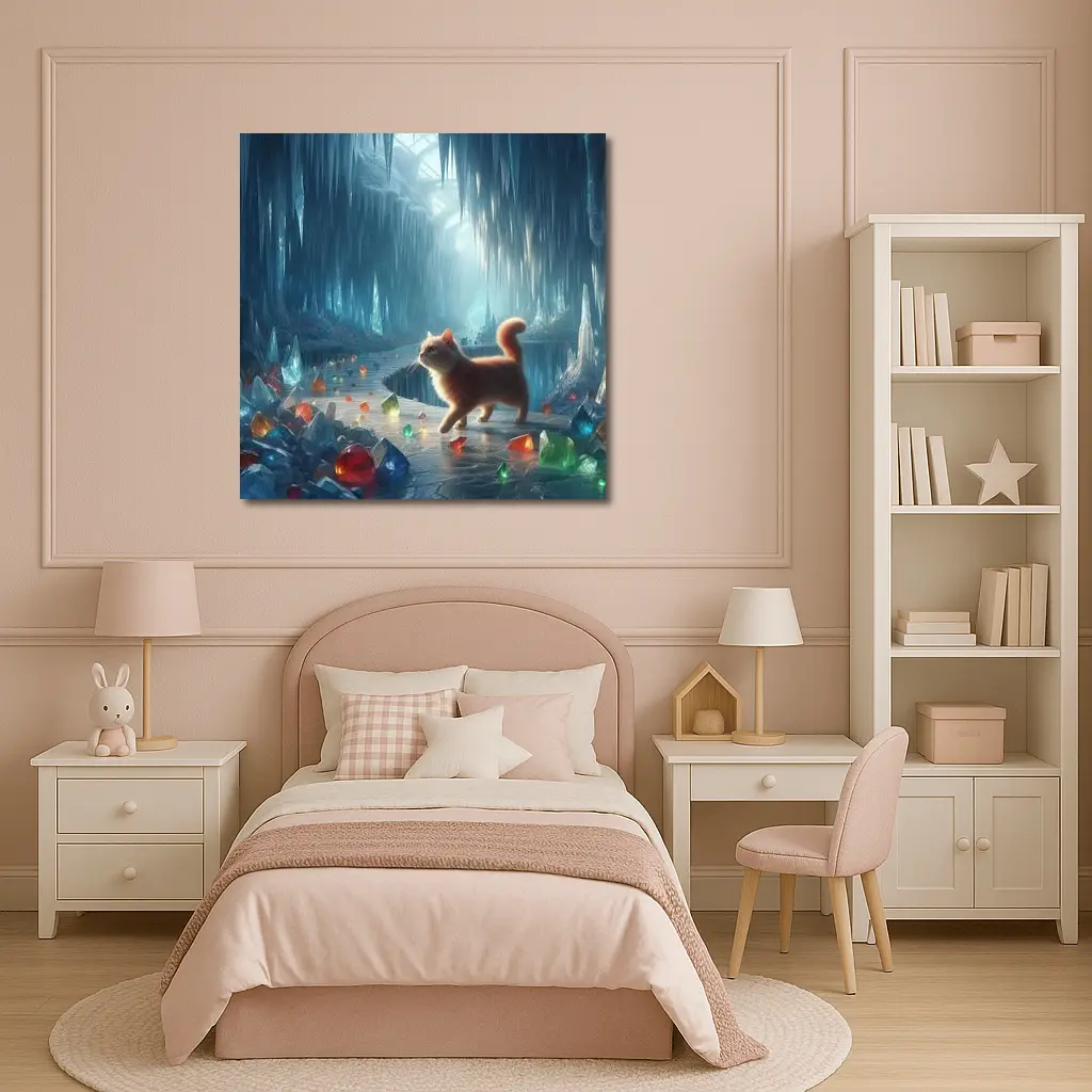 Orange Cat Exploring Magical Crystal Ice Cave – Wall Art