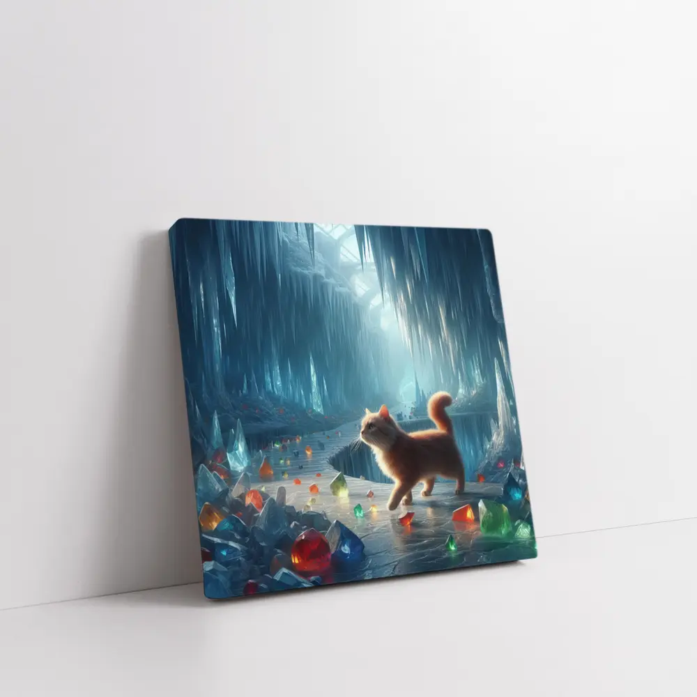 Orange Cat Exploring Magical Crystal Ice Cave – Wall Art