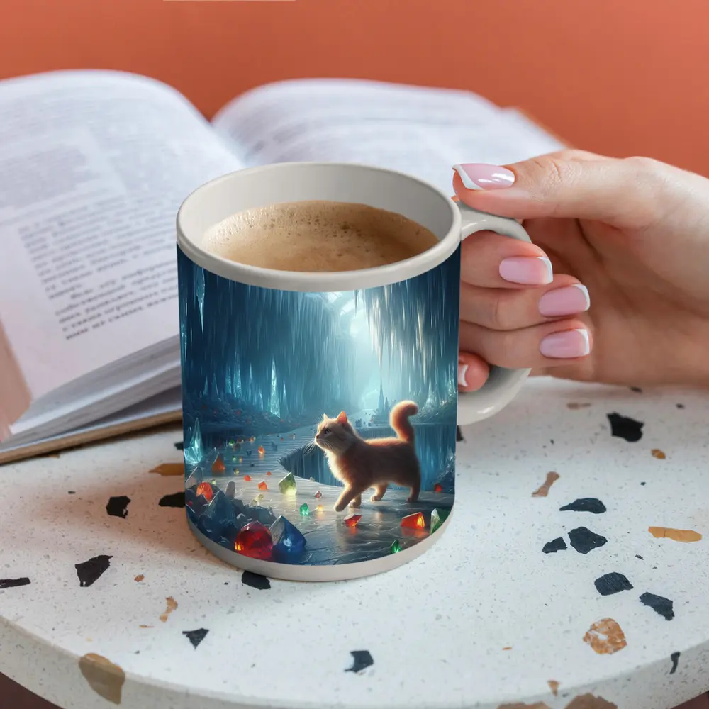 Orange Cat Exploring Magical Crystal Ice Cave – Mugs