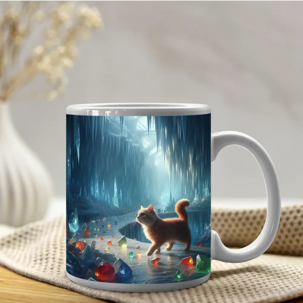 Orange Cat Exploring Magical Crystal Ice Cave – Mugs