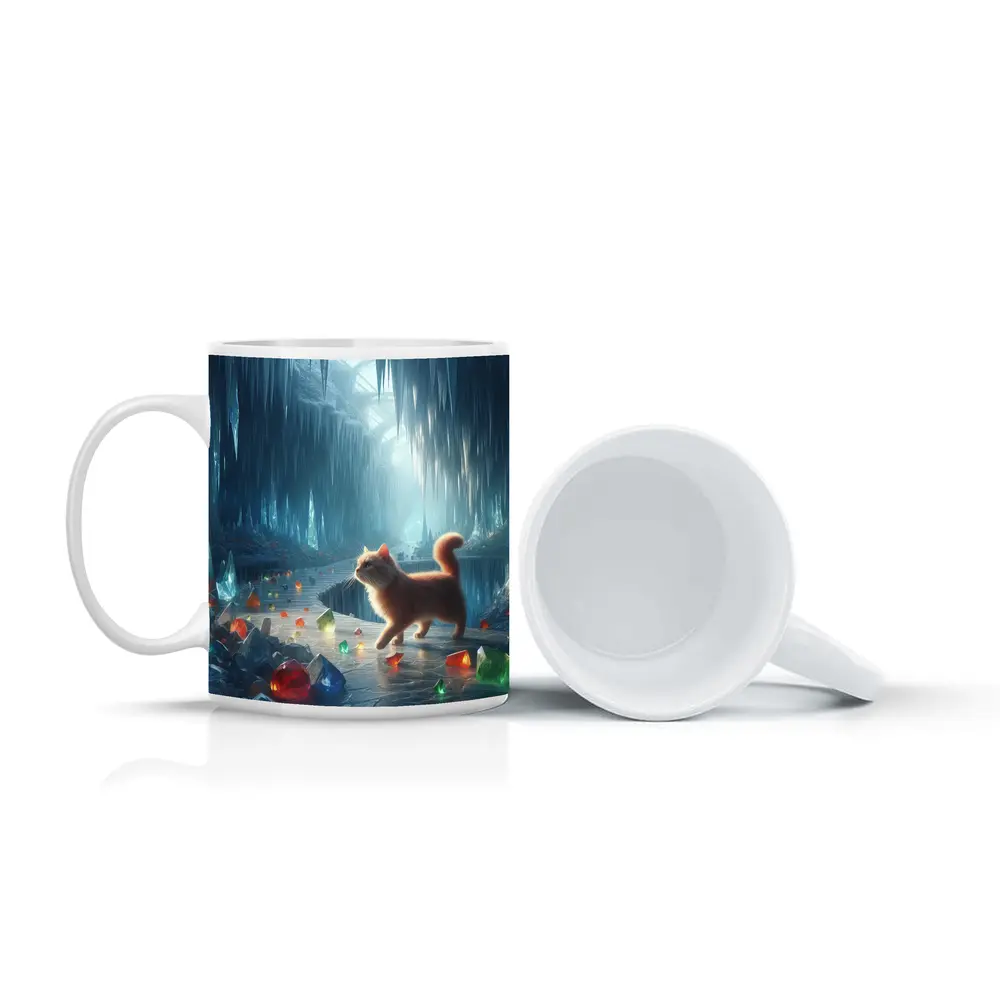 Orange Cat Exploring Magical Crystal Ice Cave – Mugs
