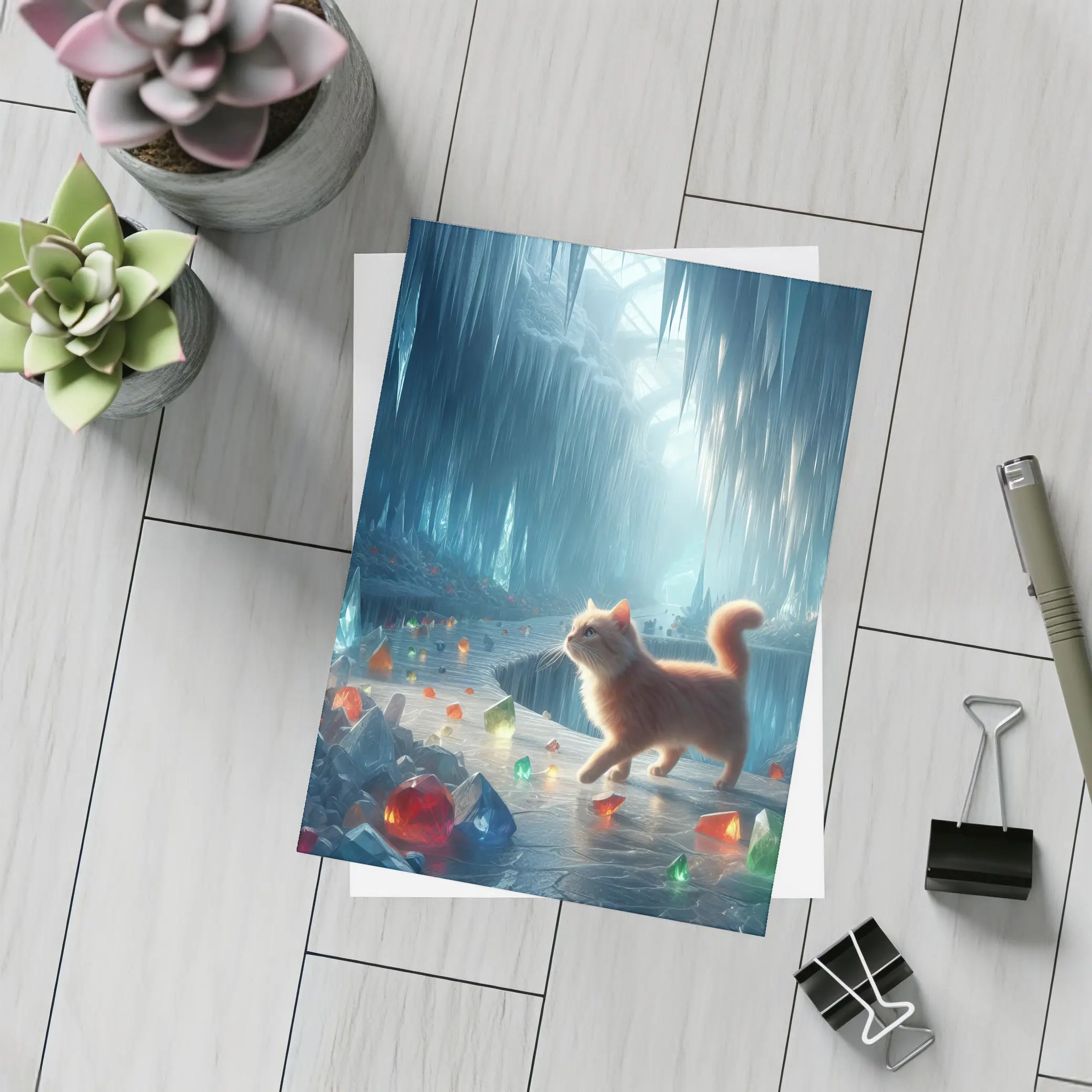 Orange Cat Exploring Magical Crystal Ice Cave – Postcards