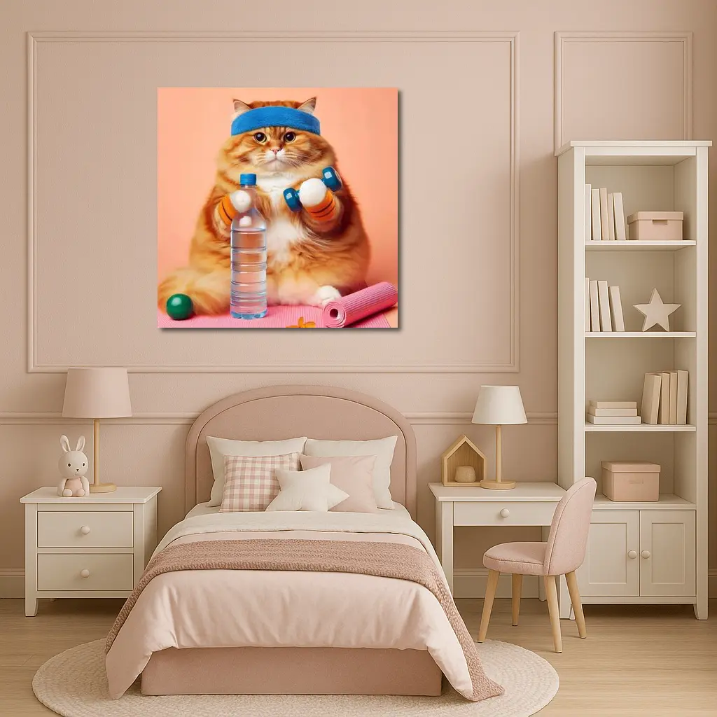 Chubby Orange Cat Gym Workout Pink Background – Wall Art