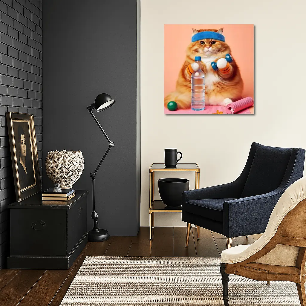Chubby Orange Cat Gym Workout Pink Background – Wall Art