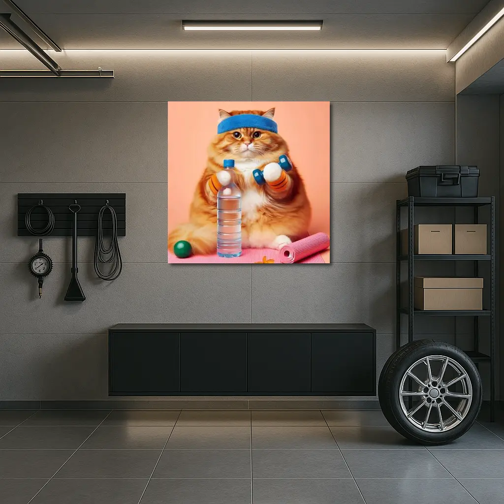 Chubby Orange Cat Gym Workout Pink Background – Wall Art