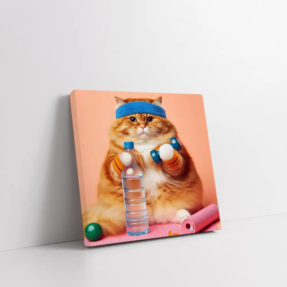 Chubby Orange Cat Gym Workout Pink Background – Wall Art