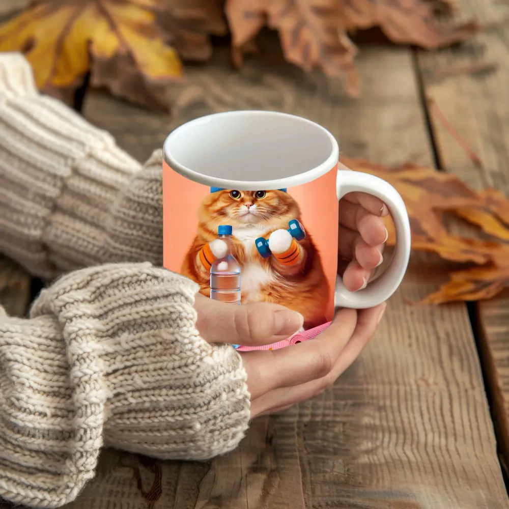 Chubby Orange Cat Gym Workout Pink Background – Mugs