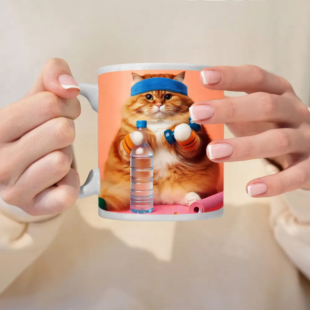 Chubby Orange Cat Gym Workout Pink Background – Mugs