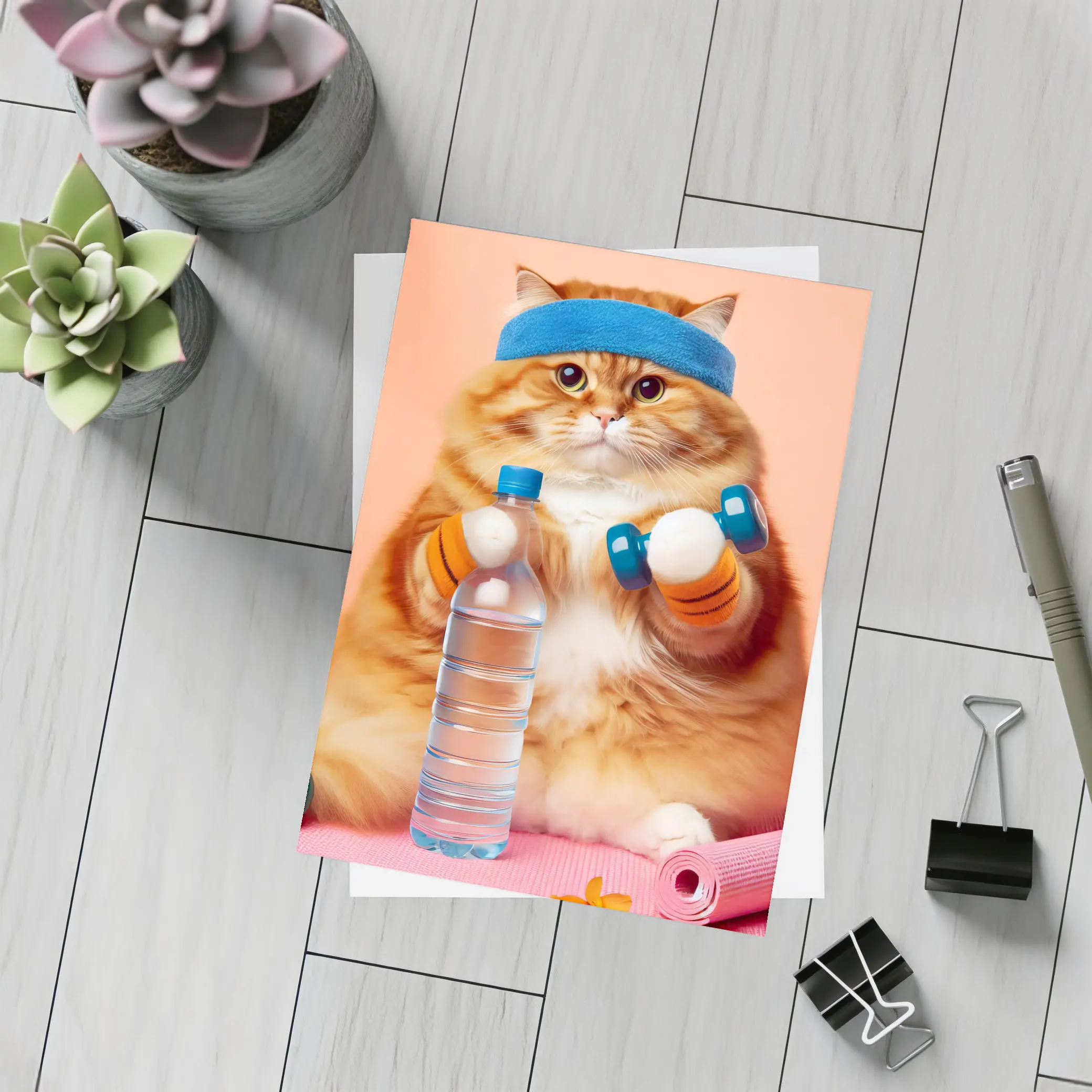 Chubby Orange Cat Gym Workout Pink Background – Postcards