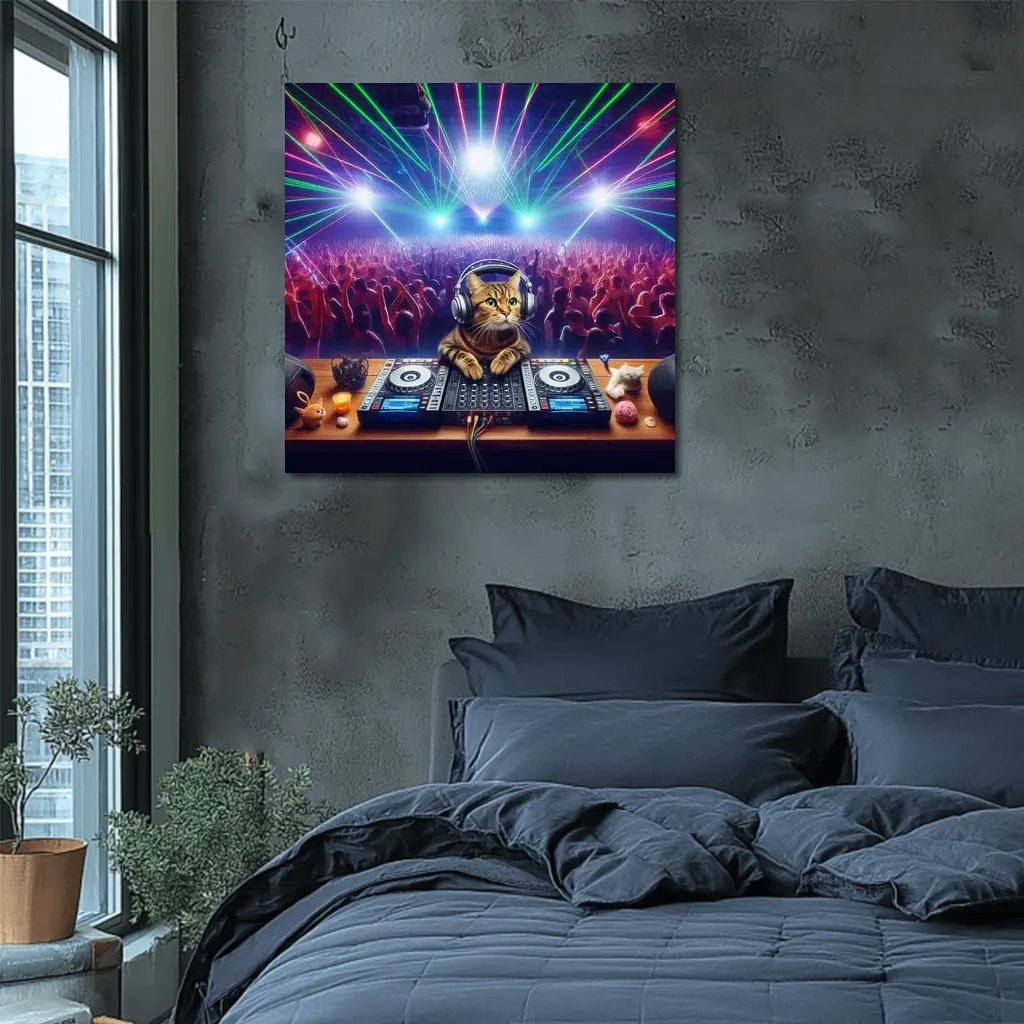 Tabby Cat DJ Spinning at Neon Club – Wall Art