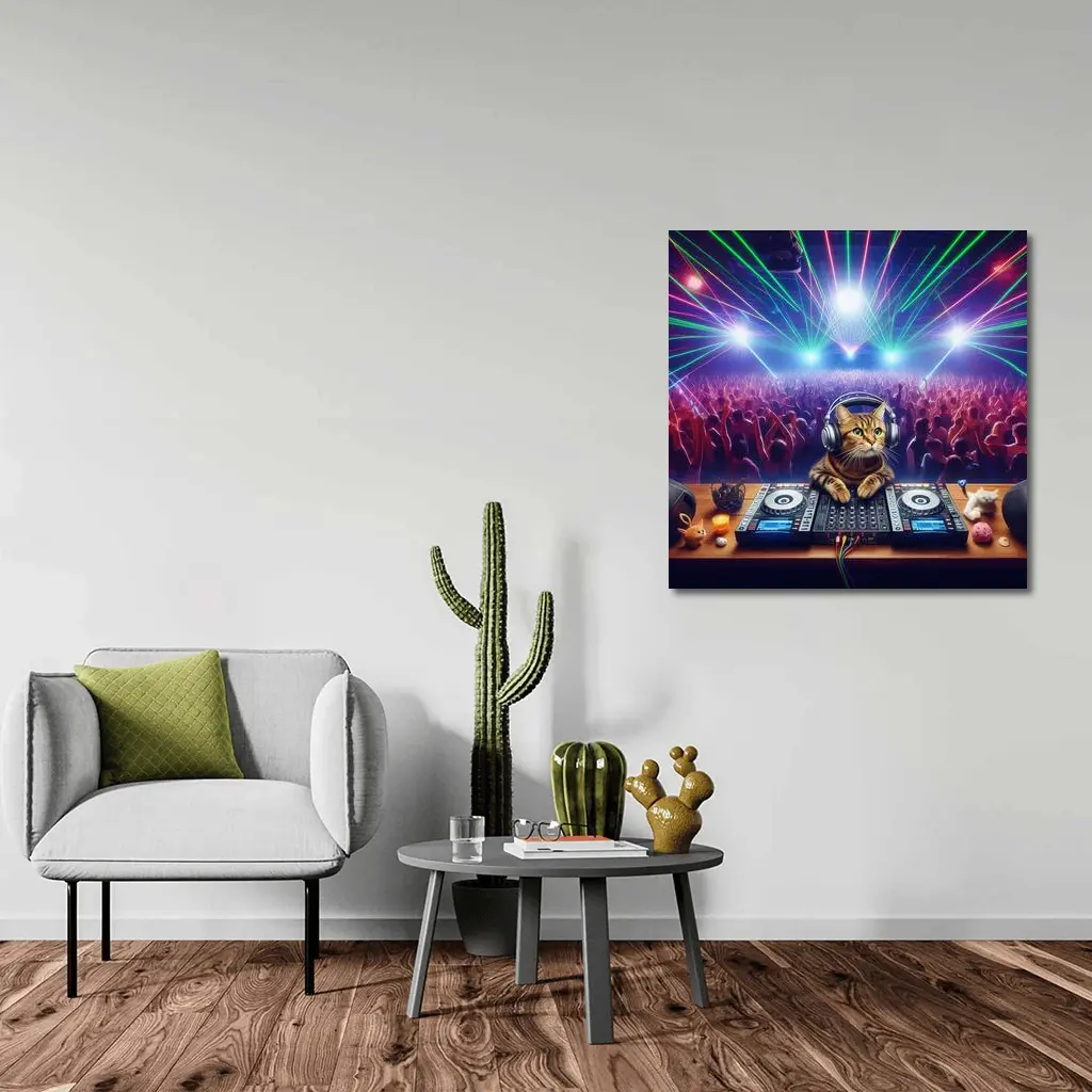 Tabby Cat DJ Spinning at Neon Club – Wall Art