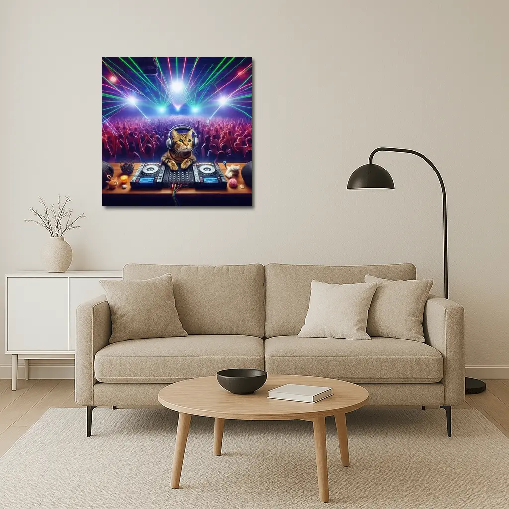 Tabby Cat DJ Spinning at Neon Club – Wall Art