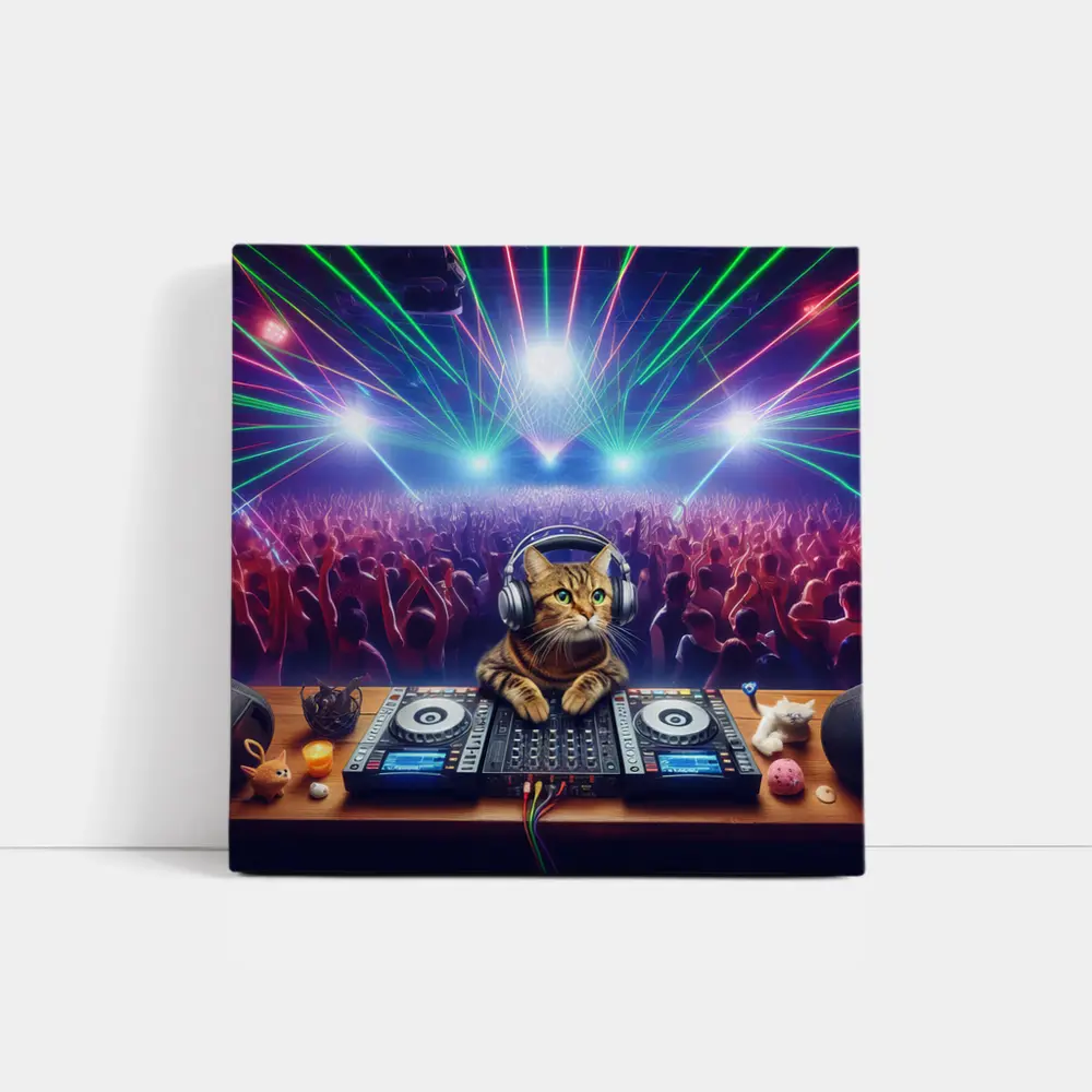 Tabby Cat DJ Spinning at Neon Club – Wall Art