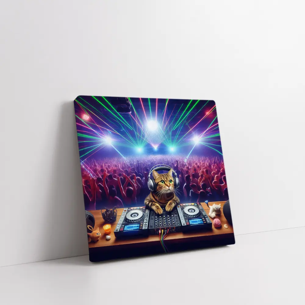 Tabby Cat DJ Spinning at Neon Club – Wall Art