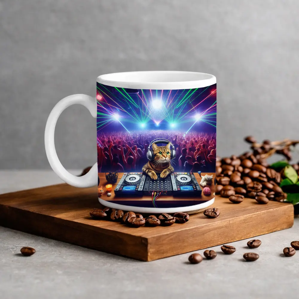 Tabby Cat DJ Spinning at Neon Club – Mugs