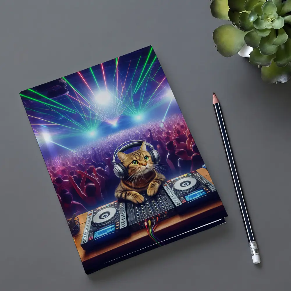 Tabby Cat DJ Spinning at Neon Club – Notebooks