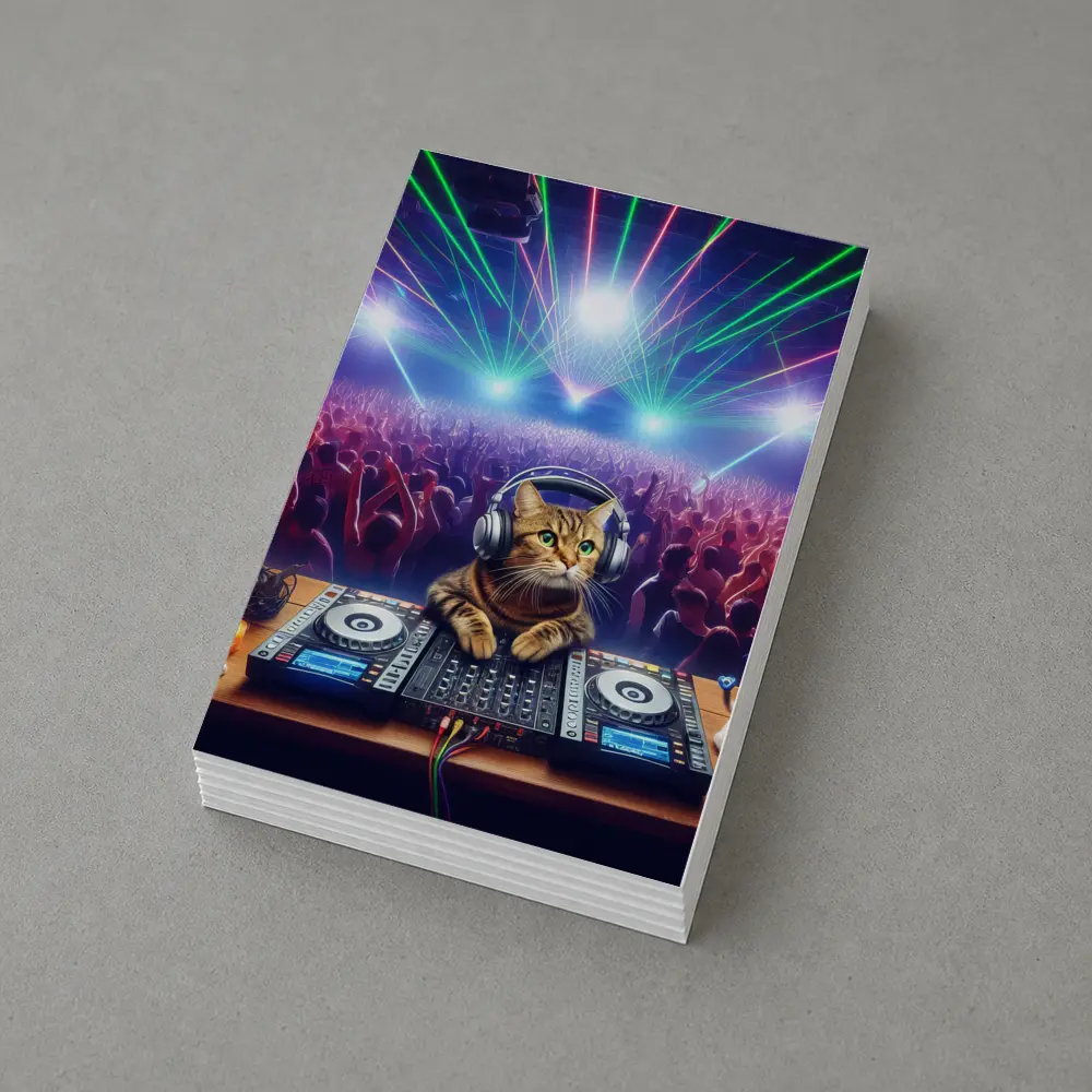 Tabby Cat DJ Spinning at Neon Club – Postcards