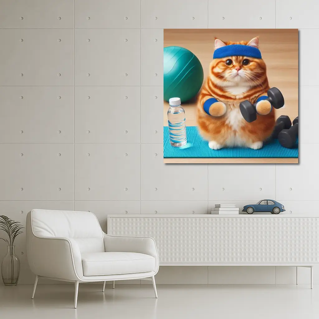 Orange Cat Lifting Dumbbells Gym Workout – Wall Art