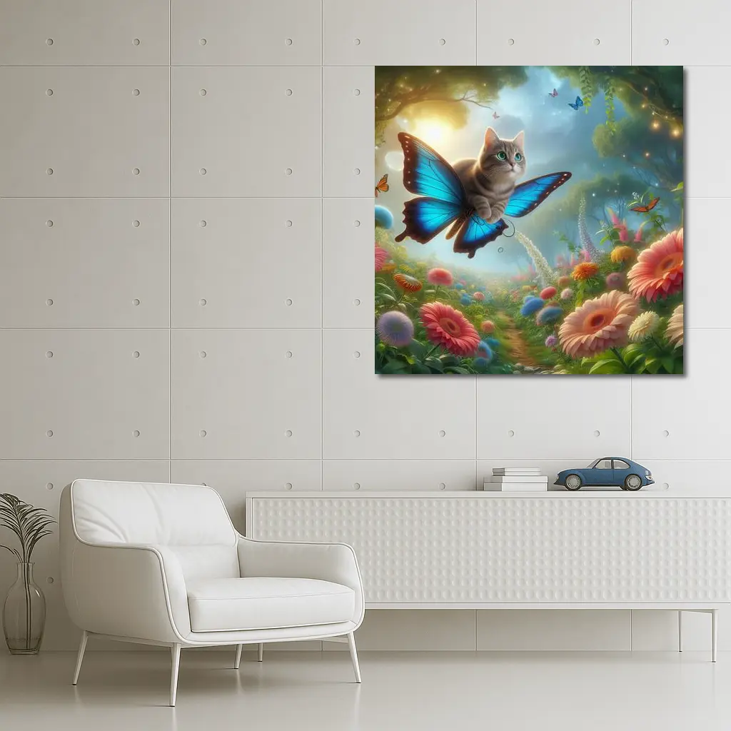Cat Butterfly Wings Flying Over Fantasy Garden – Wall Art