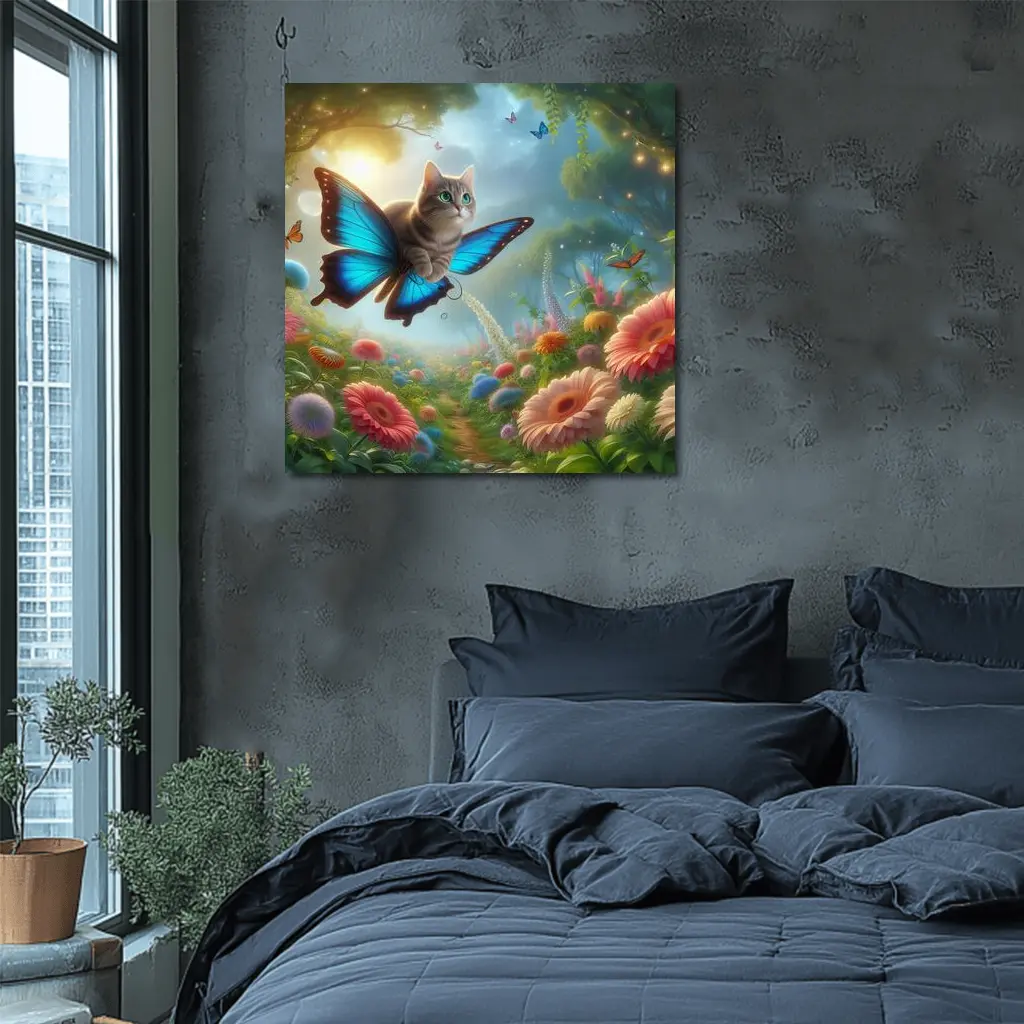 Cat Butterfly Wings Flying Over Fantasy Garden – Wall Art