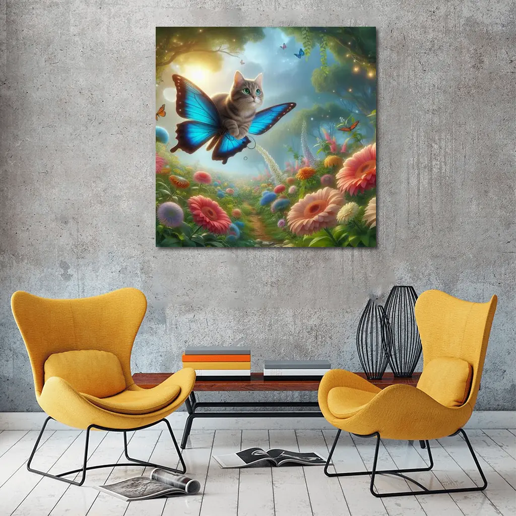 Cat Butterfly Wings Flying Over Fantasy Garden – Wall Art
