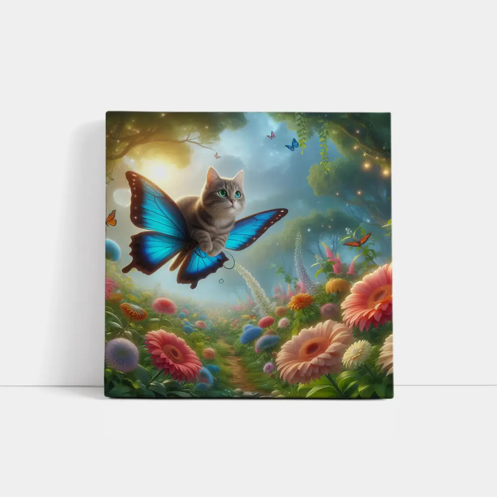 Cat Butterfly Wings Flying Over Fantasy Garden – Wall Art
