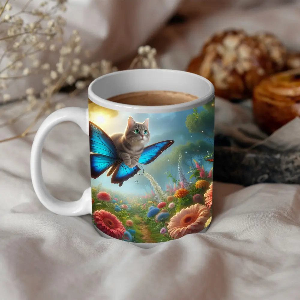 Cat Butterfly Wings Flying Over Fantasy Garden – Mugs
