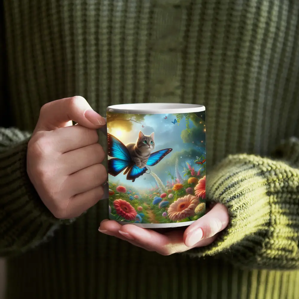 Cat Butterfly Wings Flying Over Fantasy Garden – Mugs