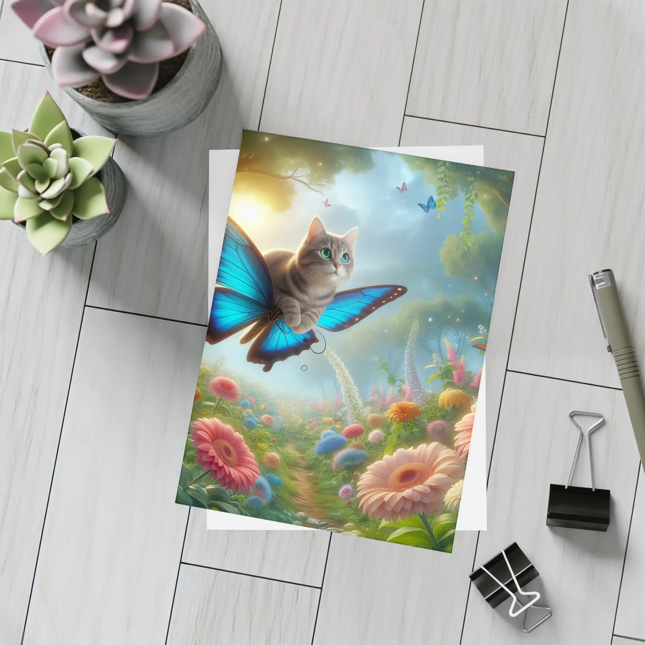 Cat Butterfly Wings Flying Over Fantasy Garden – Postcards