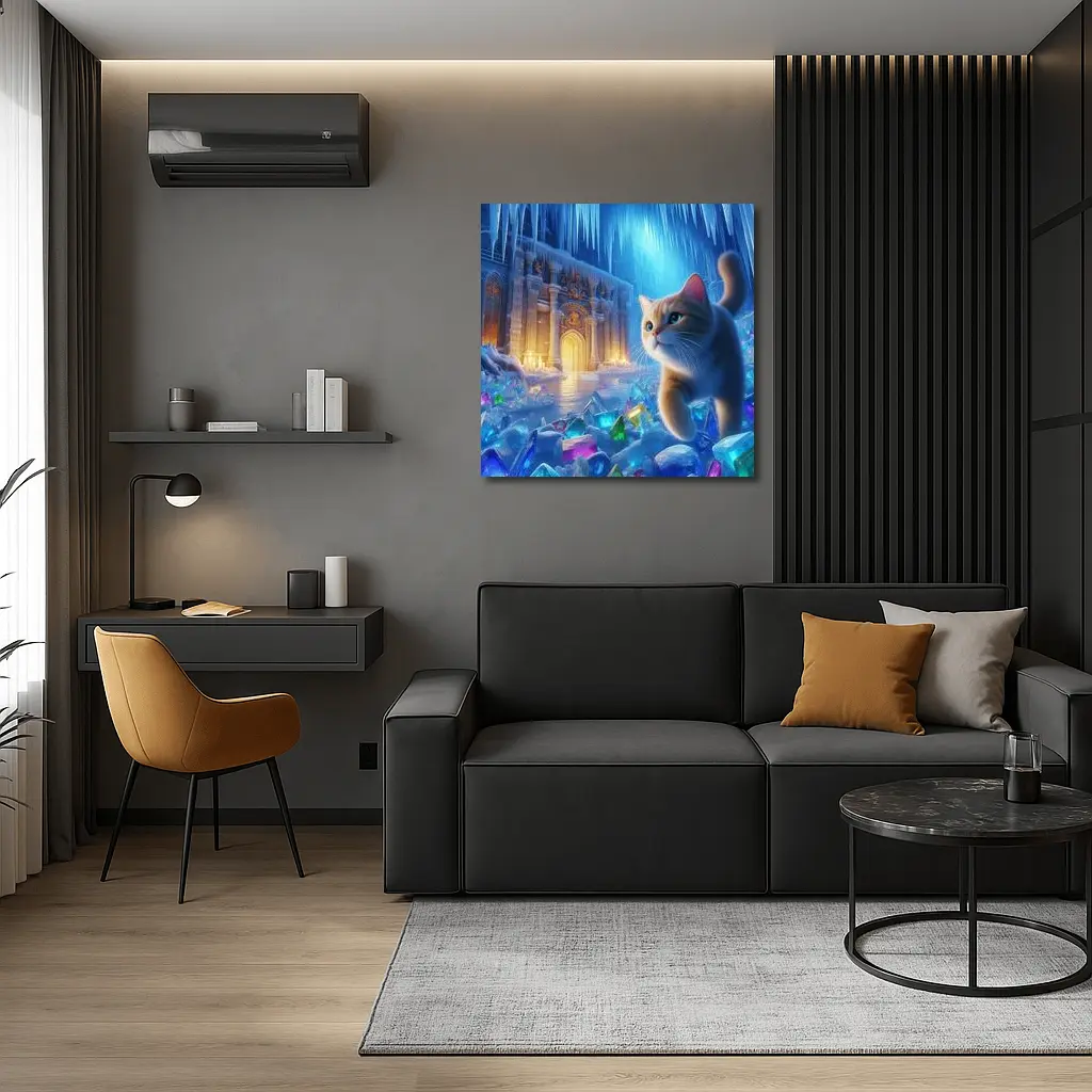 Cute Cat Exploring Frozen Crystal Ice Palace – Wall Art