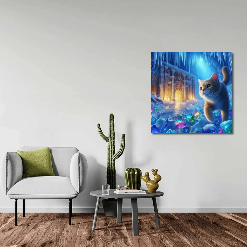 Cute Cat Exploring Frozen Crystal Ice Palace – Wall Art
