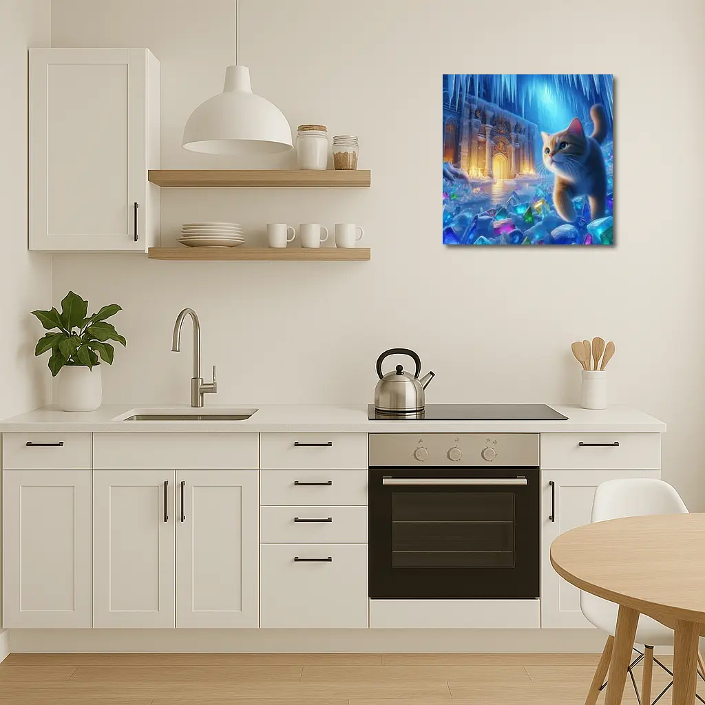 Cute Cat Exploring Frozen Crystal Ice Palace – Wall Art