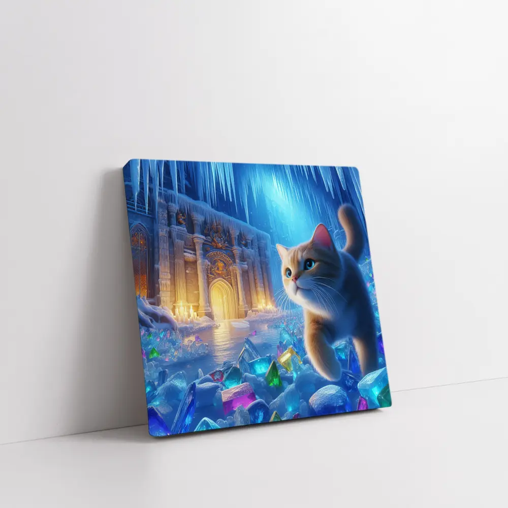 Cute Cat Exploring Frozen Crystal Ice Palace – Wall Art